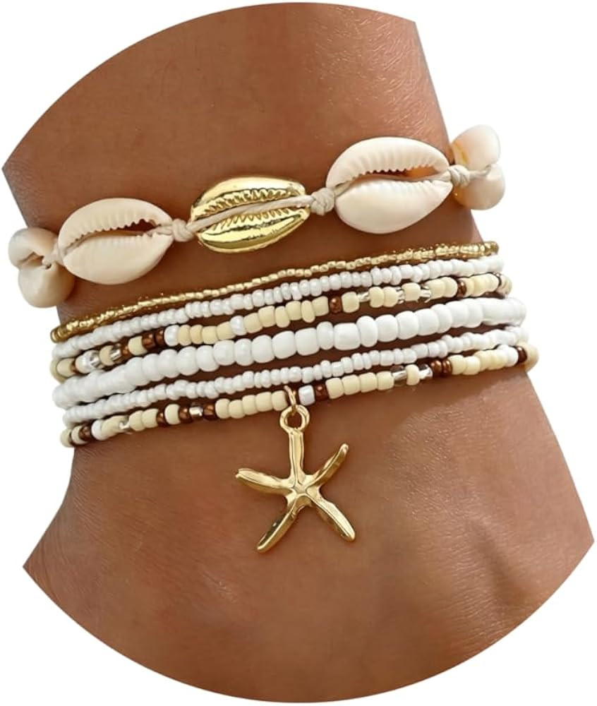 Shell Ankle Bracelet Set for Women, Gold Plated Boho Bead Adjustable Anklet, Hawaiian Beach Seash... | Amazon (US)