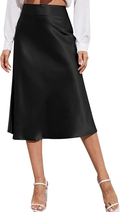 Zeagoo Womens Midi Skirt High Waisted Solid Satin Dress Zipper Elegant Work Skirts | Amazon (US)