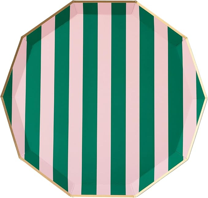 Bonjour Fête Pink & Green Cabana Stripe Party Plates | Gold Foil Sturdy Disposable Plates for Ho... | Amazon (US)