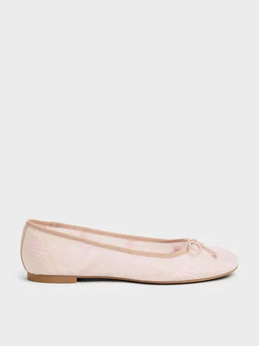 Embroidered-Mesh Bow Ballet Flats
    
         - Light Pink | Charles & Keith UK