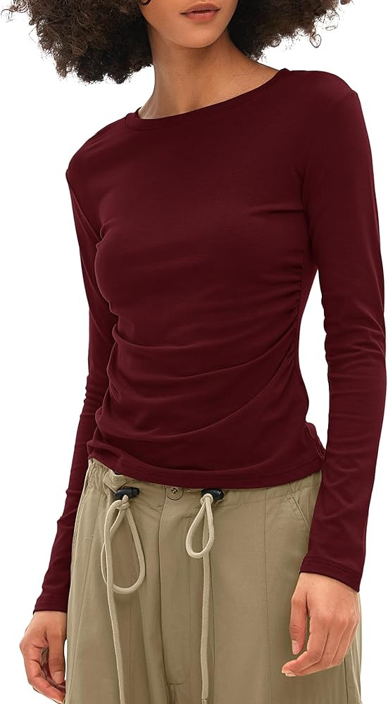 Darong Women's Long Sleeve Crew Neck Shirts Fall Basic Casual Ruched Side Slim Fit T Shirts Tee T... | Amazon (US)