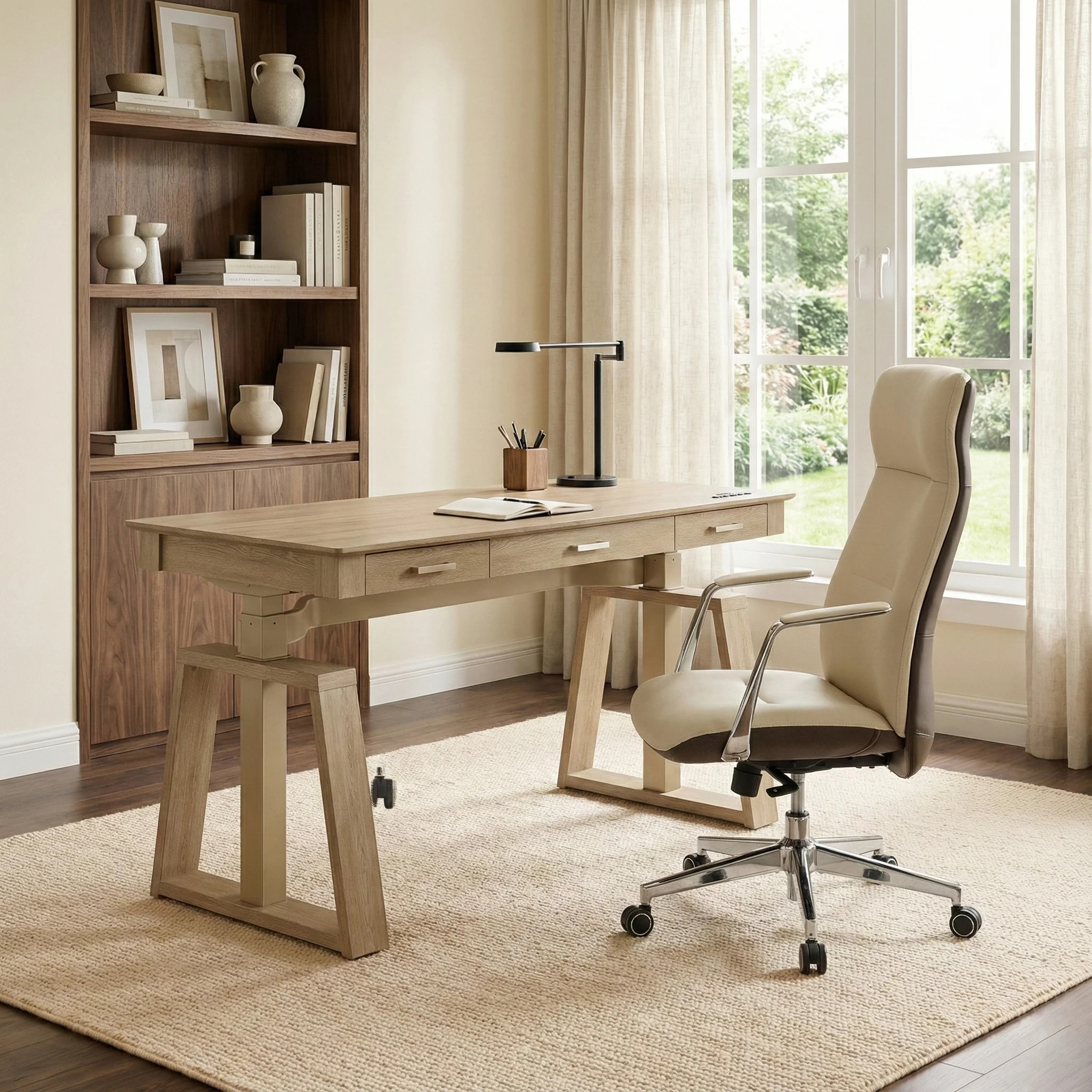 Executive Office Set：Ark EL Standing Desk & Executive Office Chair - Oak & Beige White | Eureka Ergonomic