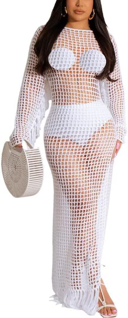 Kafiloe Women Swimsuit Maxi Dress Cover Ups - Sexy Long Sleeve Hollow Out Fishnet See Through Sum... | Amazon (US)