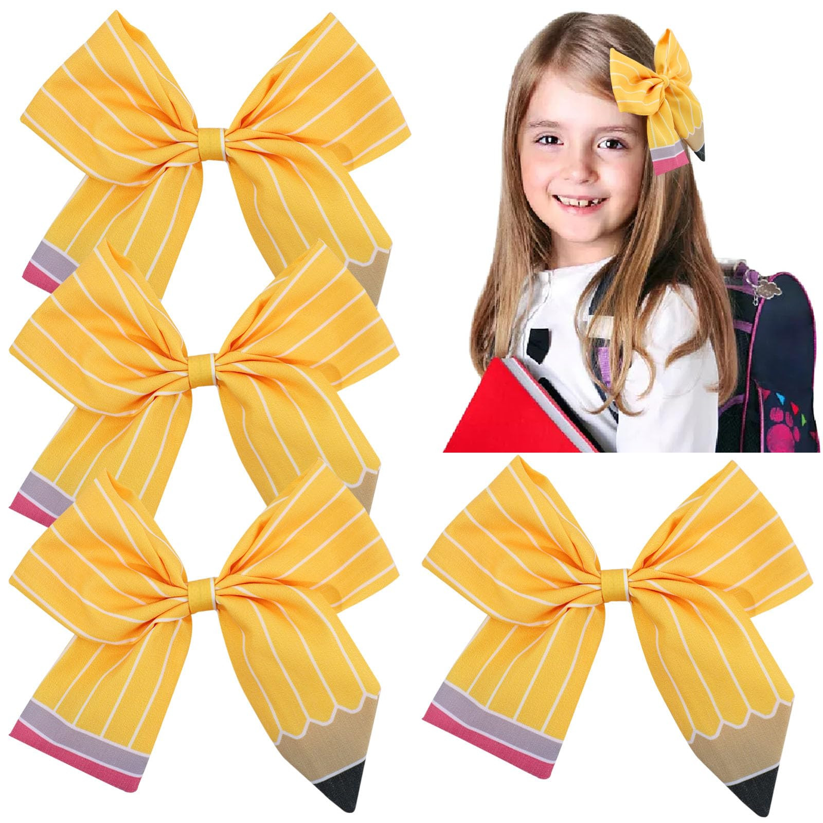 Back to School Pencil Hair Bows Clips,The Hand Painted Yellow Pencil Schoolgirl Pigtail Bows Clip... | Amazon (US)