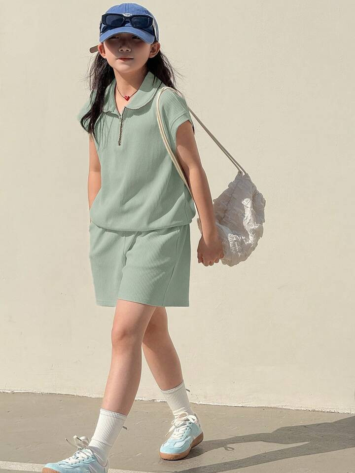 Dazy Kids Tween Girls Solid Color Zipper Placket Short Sleeve T-Shirt And Shorts 2 Pieces Casual ... | SHEIN