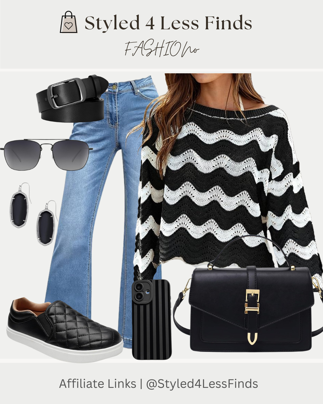 Monochrome magic with a modern twist! This black-and-white wave knit paired with flattering flare jeans creates an effortlessly chic look that works from coffee runs to casual dinners. Add sleek black accessories for a polished finish that looks far more expensive than it is.

✨ Style Tip: When wearing a statement sweater, keep your accessories in the same color family for a cohesive, elevated look. The black handbag, quilted sneakers, and sunglasses tie everything together while letting the textured knit take center stage. 

 #LTKcanada #LTKsummer #LTKover50style