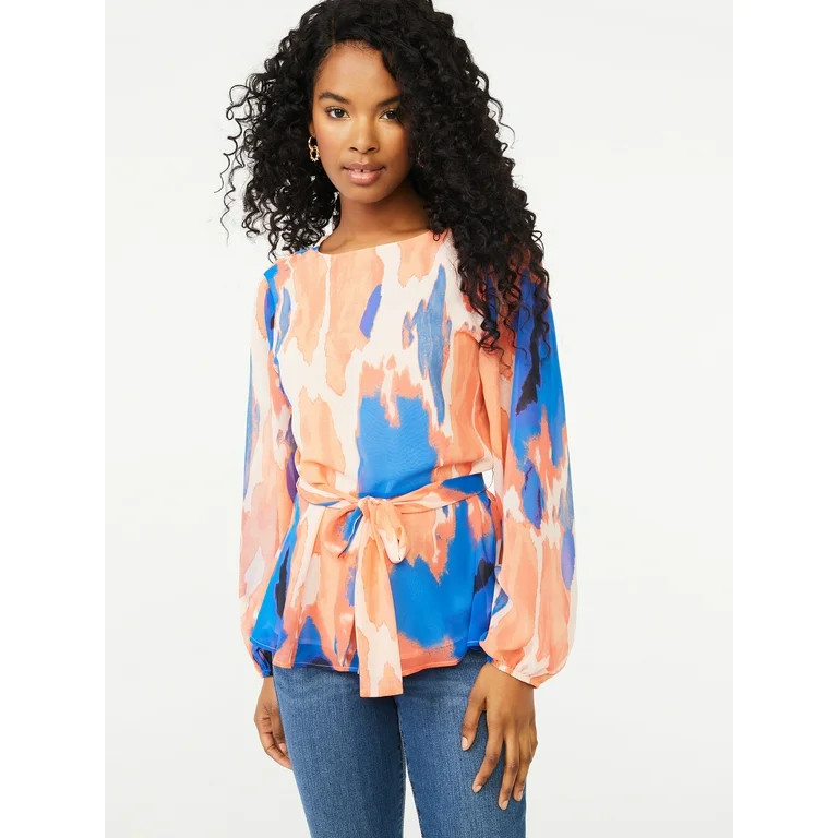 Scoop Women's Long Sleeve Crew Neck Blouse with Tie at Waist | Walmart (US)