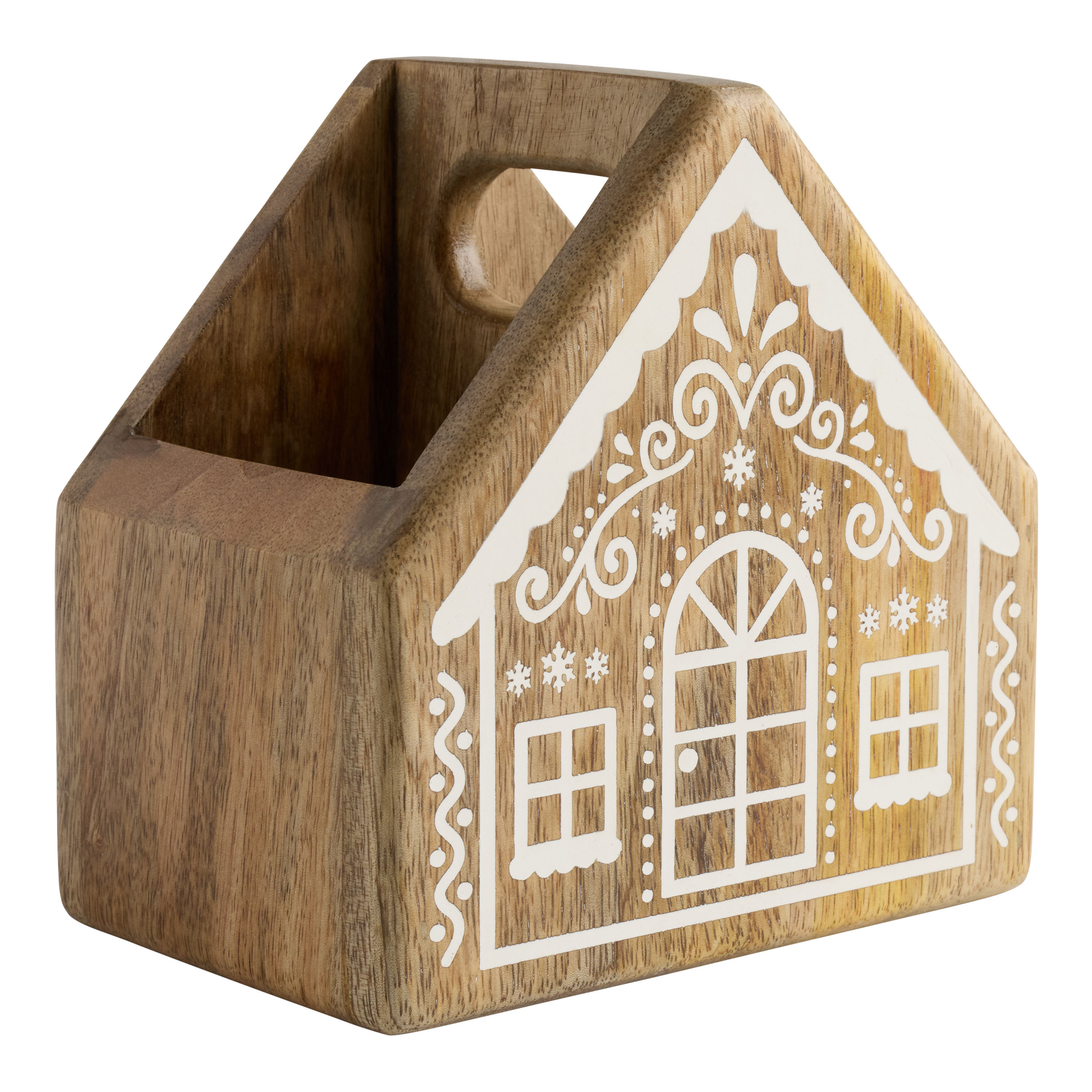 Mango Wood Gingerbread House Shaped Flatware Caddy | World Market