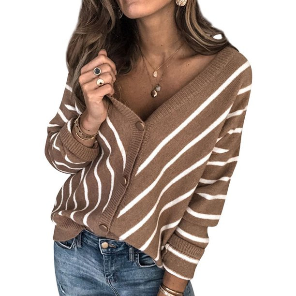 Women Stripe V Neck Single-Breasted Button Knitted Top - Walmart.com | Walmart (US)