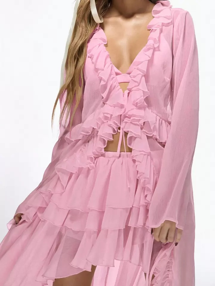 MISSGUIDED Ruffle Trim Longline Summer Festival Chiffon Blouse With Bell Sleeves And Tie Front Detail Spring Beach Holiday Boho Top | SHEIN