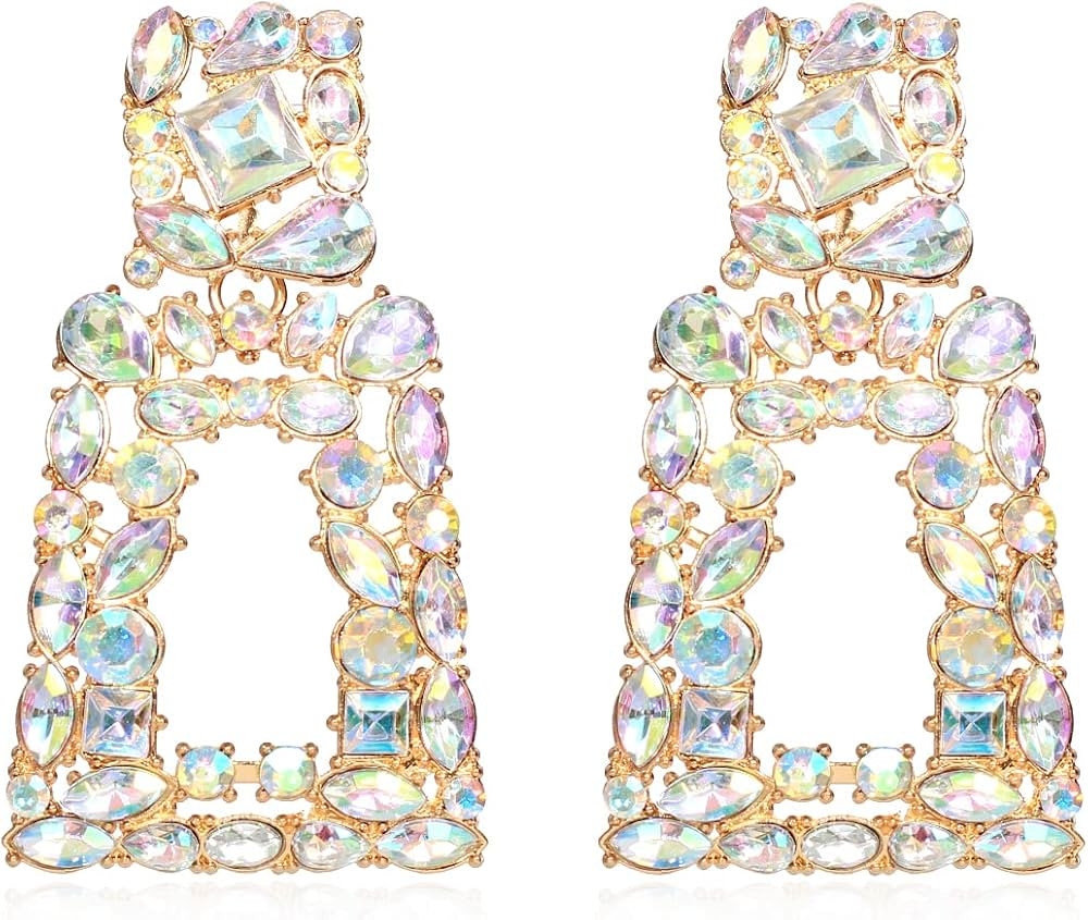 Rhinestone Rectangle Dangle Earrings for Women Sparkly Crystal Geometric Drop Statement Earrings ... | Amazon (US)