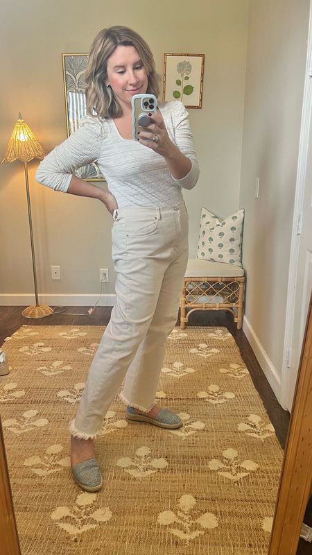 Outfit of the day - high rise white jeans - white sparkly top (comes in black too). All running TTS. Also love these espadrille shoes so much! Comfortable for spring  

#LTKfindsunder50 #LTKstyletip #LTKmidsize