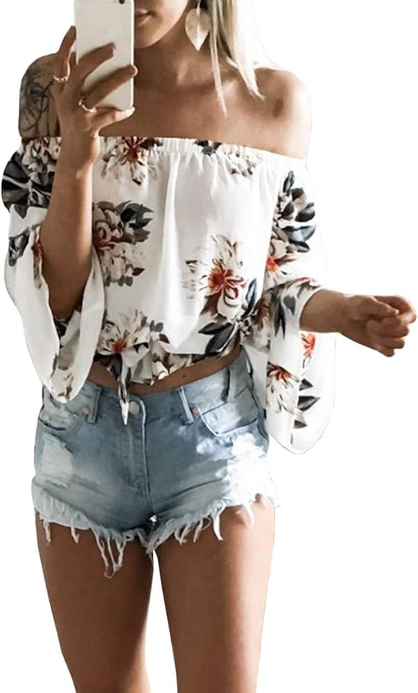 Hibluco Women's Fashion Off Shoulder Tops Sexy Floral Print Crop Tops | Amazon (US)