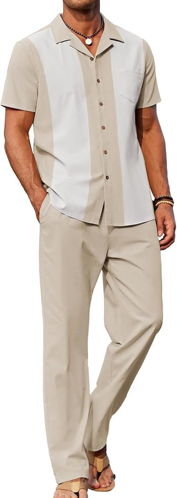 COOFANDY Men 2 Piece Linen Outfit Beach Button Down Shirt Casual Loose Pant Sets | Amazon (US)
