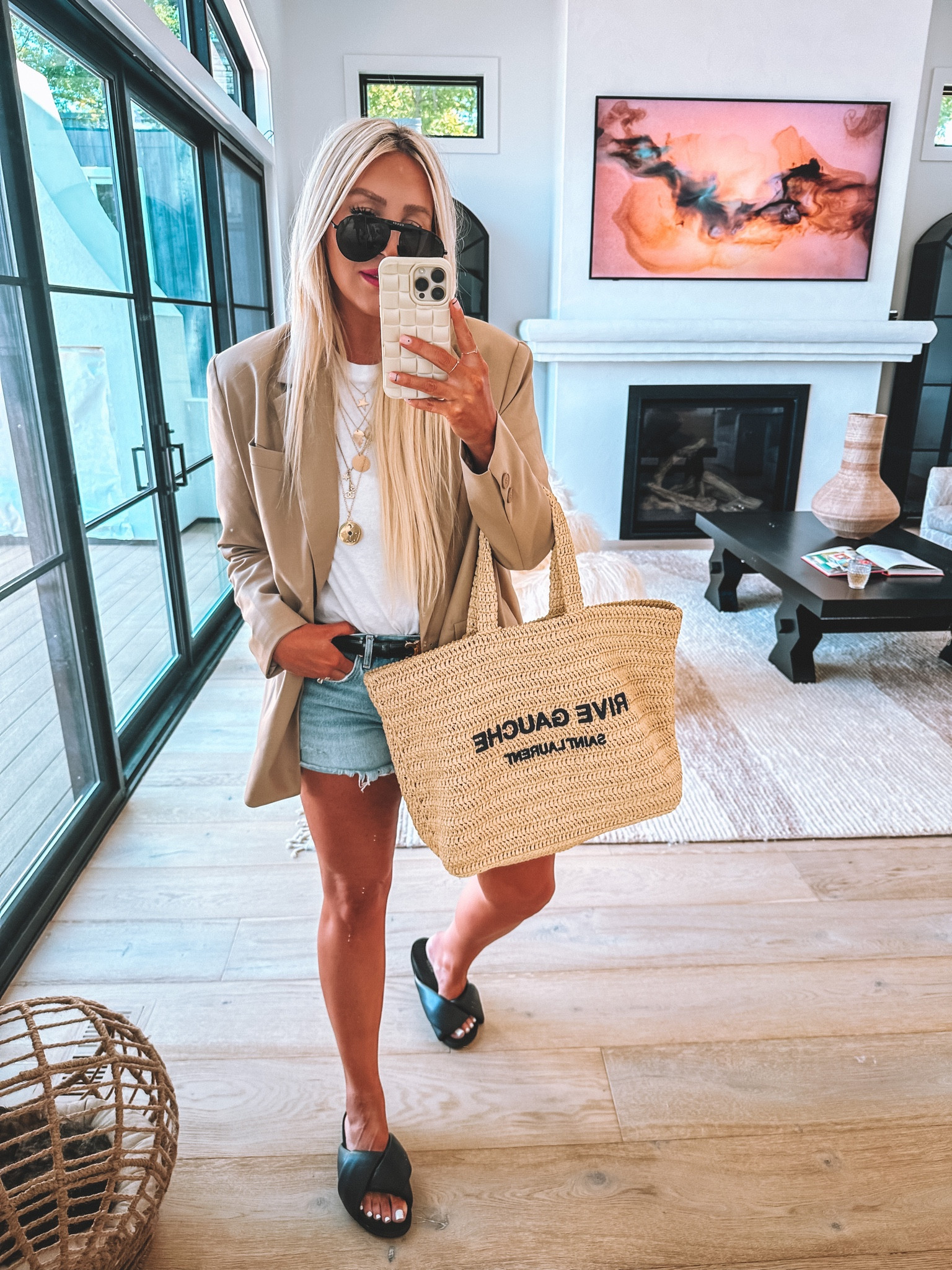 Wearing a medium in blazer.. it runs super oversized! Medium in tee and 28 in denim 