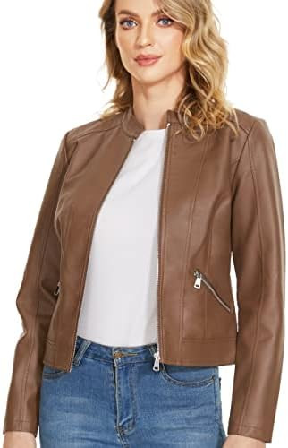 Fahsyee Zip Leather Jackets for Women Motorcycle Faux PU Moto Biker Outwear Coat | Amazon (US)