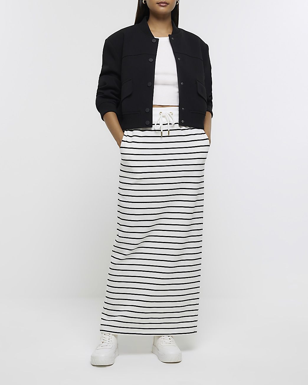 Cream stripe sweat midi skirt | River Island (UK & IE)