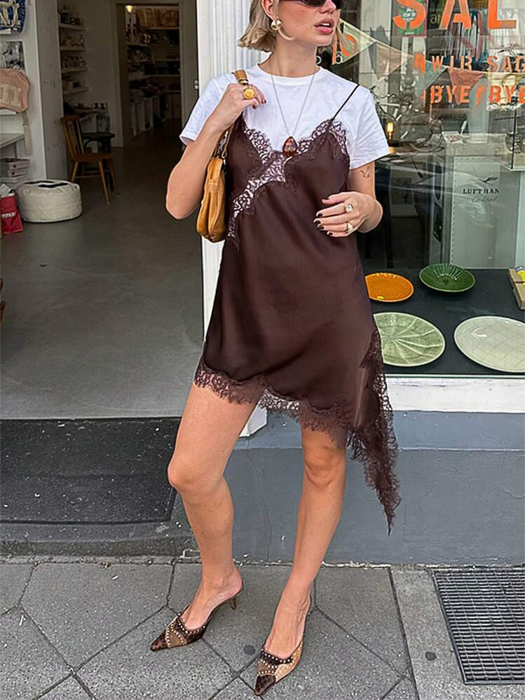 Women Lace Trim Satin High Low Tops Silk Spaghetti Strap Side Split Asymmetrical Cami Top Flowy Silky Layering Tops | SHEIN