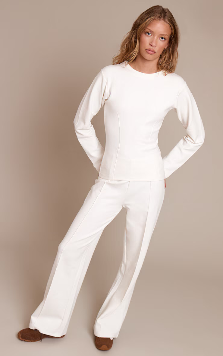 Cream Interlock Pintuck Straight Leg Sweatpants | PrettyLittleThing US
