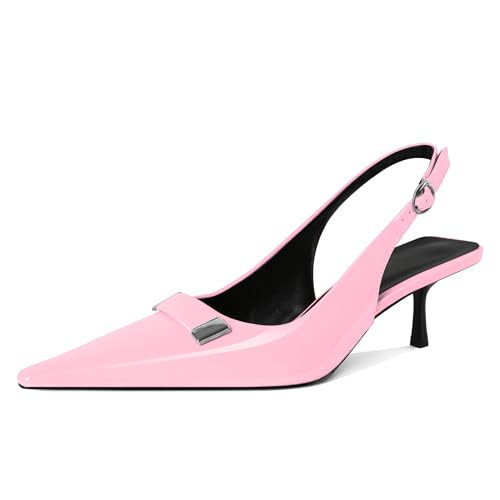 Younton Women Low Kitten Pumps Pointey Toe Heels Ladies Sling Back Shoes Metal Buckle Dress Shoes Office Party 2" Patent Leather Pink US Size 10.5 | Amazon (US)