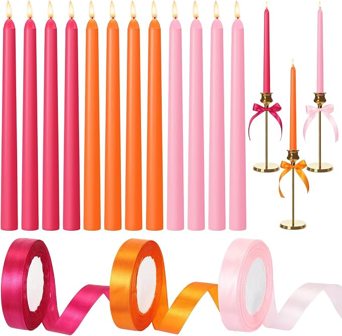 12 Pcs Pink and Orange Party Taper Candles with 3 Roll Ribbon 10 Inch Candle, Candlestick Decor f... | Amazon (US)