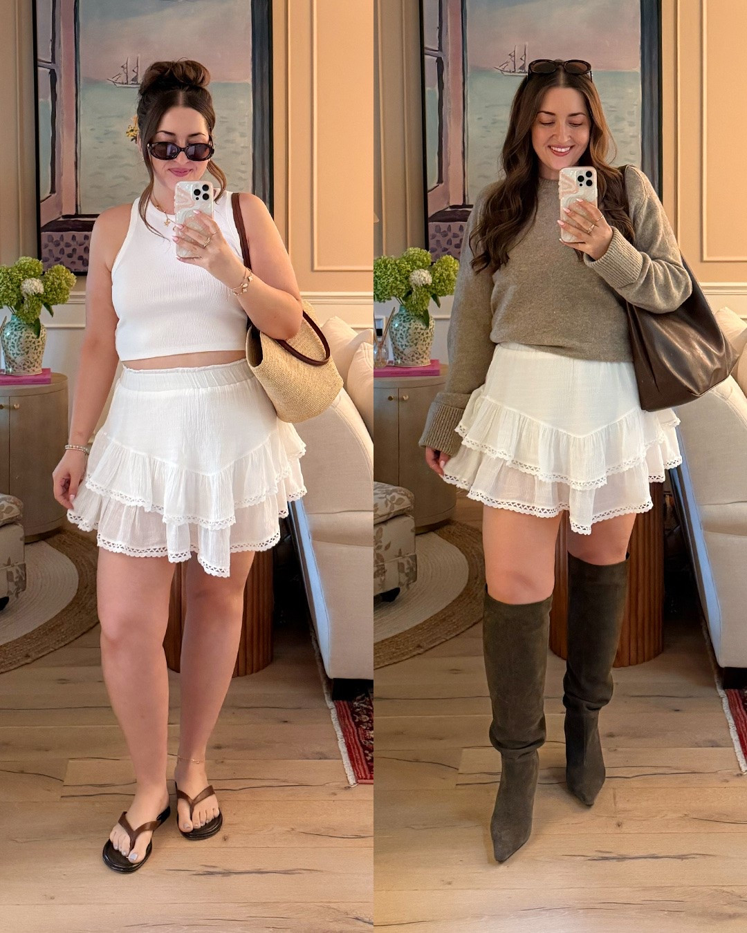 Summer to fall transitional outfit / date night outfit / casual outfit / wide-calf boots / sweater & skirt / midsize 

Sizing: L in tank & bra / XL in skirt / M in sweater

#LTKmidsize #LTKfall #LTKworkwear
