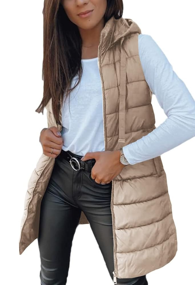 Veatzaer Women Long Vest Solid Color Sleeveless Hood Winter Puffer Vest Outwear | Amazon (US)