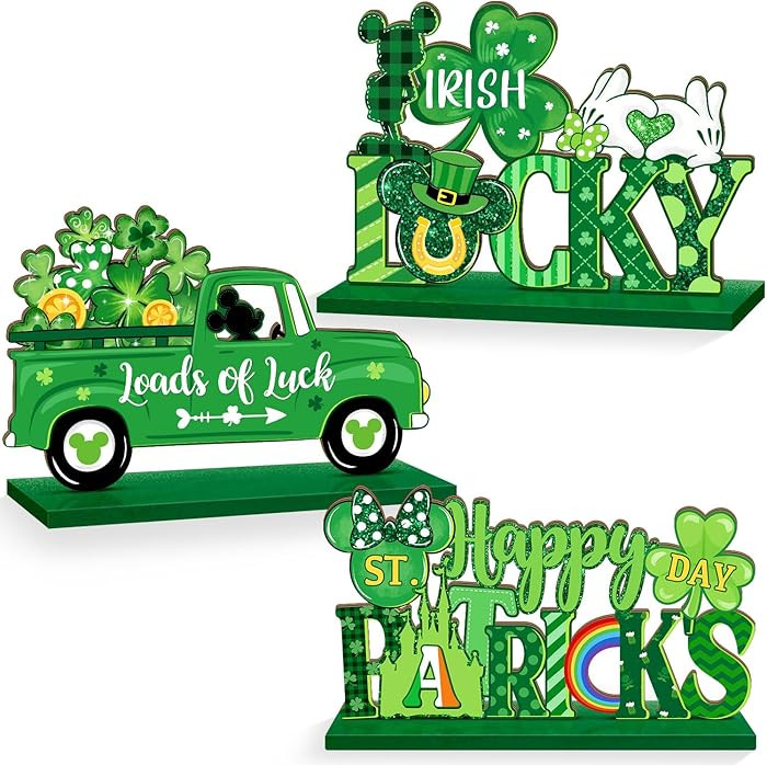 3 Pieces St. Patrick's Day Table Signs Decoration, Mouse Shaped Shamrock Wooden Sign, Green Lucky... | Amazon (US)