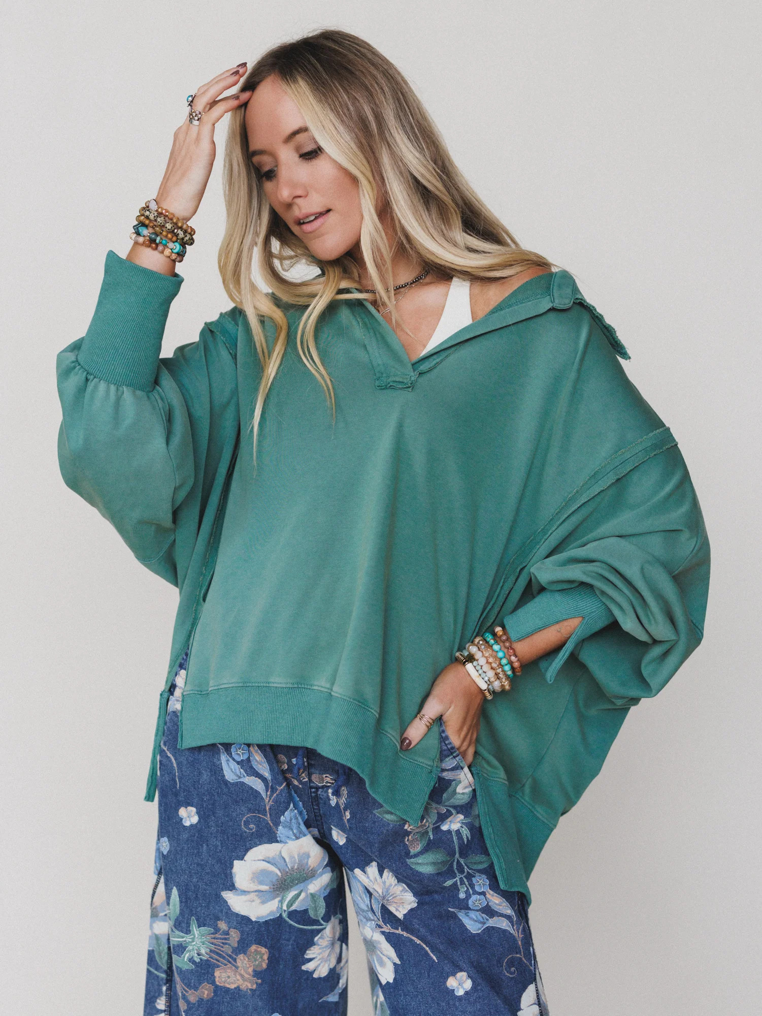 Candace Oversized Collar Sweatshirt  - Green | Three Bird Nest