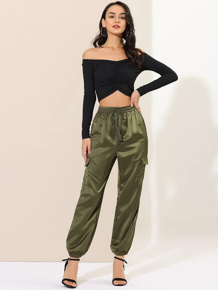 Allegra K Women's Satin Joggers Drawstring Elastic High Waist Silky Satin Cargo Pants | Amazon (US)