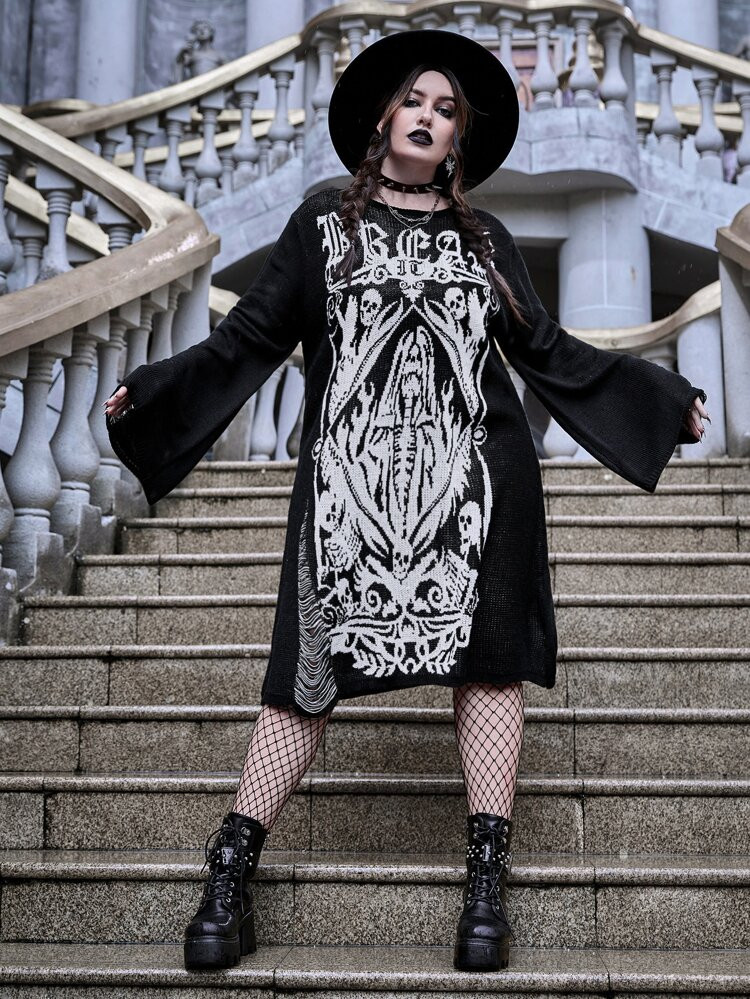 SHEIN Plus Halloween Skull Pattern Trumpet Sleeve Ripped Sweater Dress | SHEIN