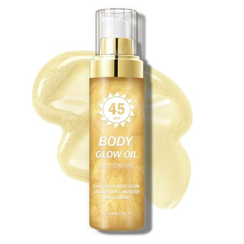 QIUFSSE Body Glow Oil,SPF 45 Broad Spectrum,Body Shimmer Oil with Gold Mica,Glitter Sunscreen with Coconut,Lightweight Non-Sticky,Water Resistant,Glowing Results,3.72 fl oz,GOLD | Amazon (US)