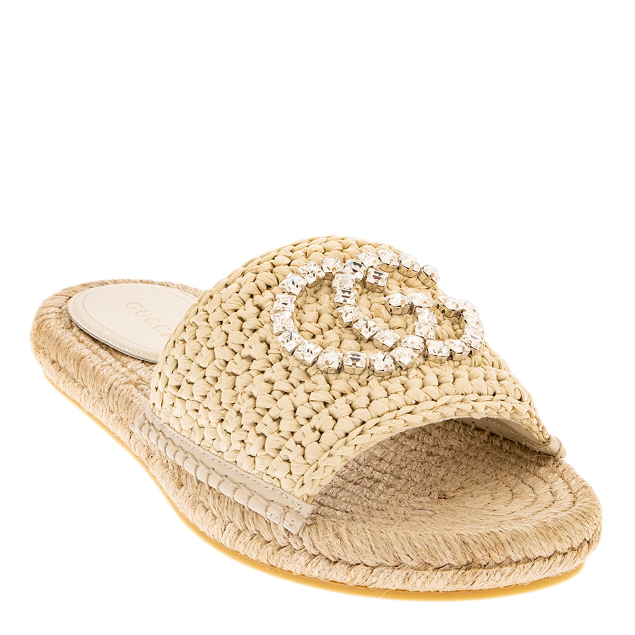 Gucci GG Crystal Embellished Raffia Slides | Overstock