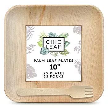 Disposable Palm Leaf Plates with 25 Compostable 10 Inch Square Plates & 25 Wood Forks Party Set - Ec | Walmart (US)