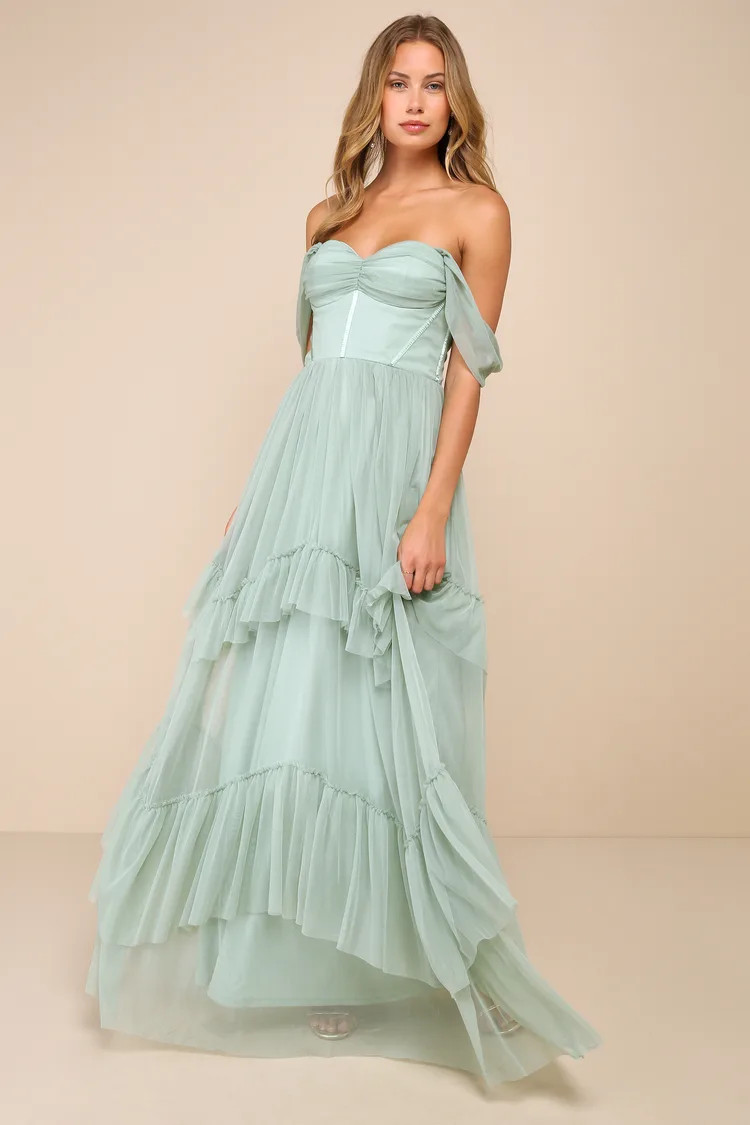 Stunning Personality Sage Green Mesh Off-the-Shoulder Maxi Dress | Lulus