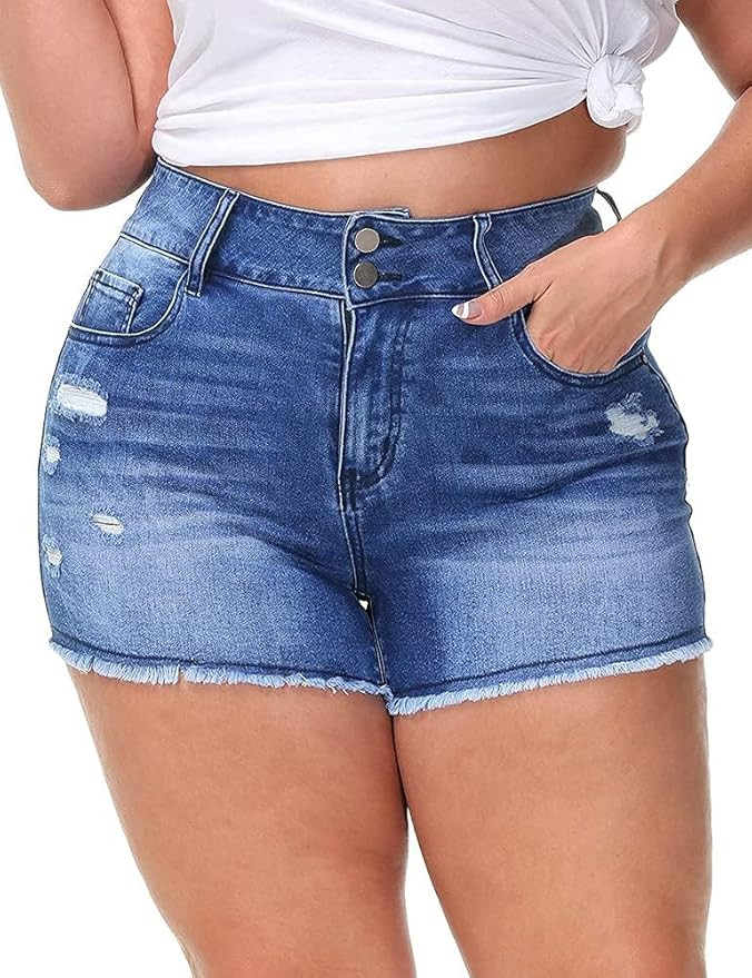 Women Plus Size Jean Shorts Sexy Stretchy High Waisted Frayed Raw Hem Denim Shorts | Amazon (US)