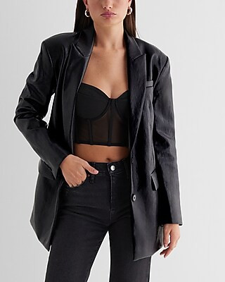 Faux Leather Belted Boyfriend Blazer | Express