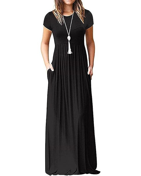 DEARCASE Maxi Dress for Women Short Sleeve Casual Summer Loose Plain Comfy Long Dresses with Pockets | Amazon (US)