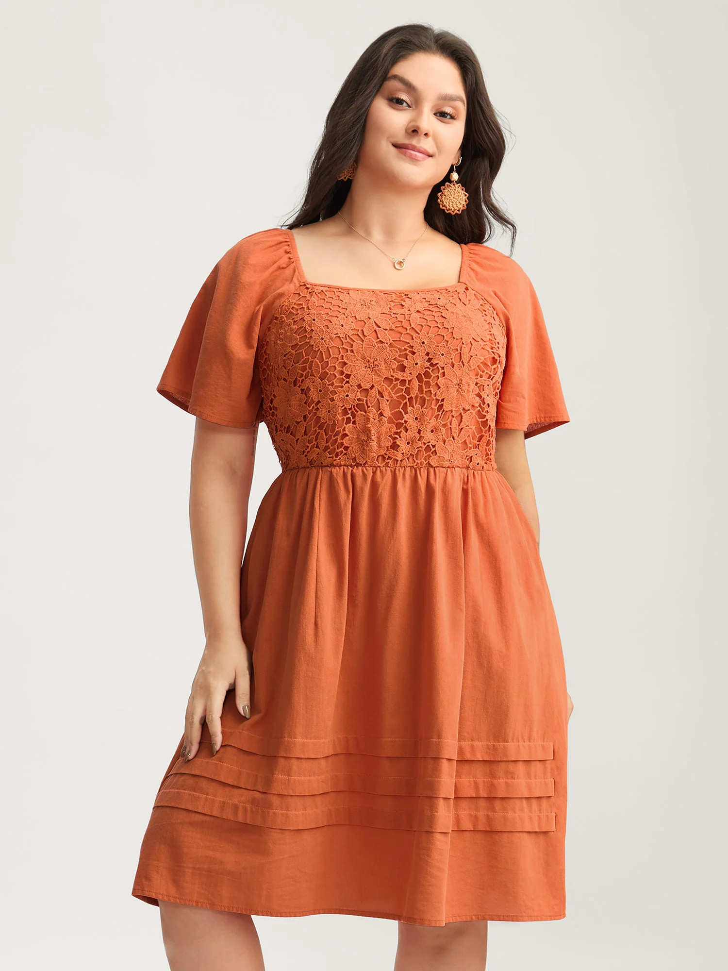 Cotton Lace Stretchy Waist Pockets Midi Dress | Bloomchic