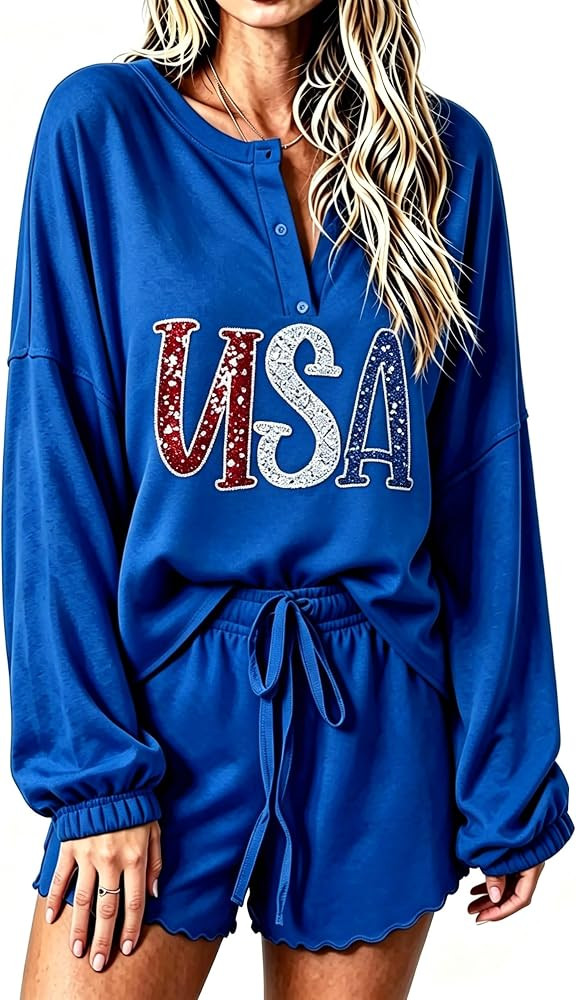 Roshop 4th of July Pajama Women\u2019s Patriotic USA Flag Stars & Stripes Matching Top & Shorts L... | Amazon (US)