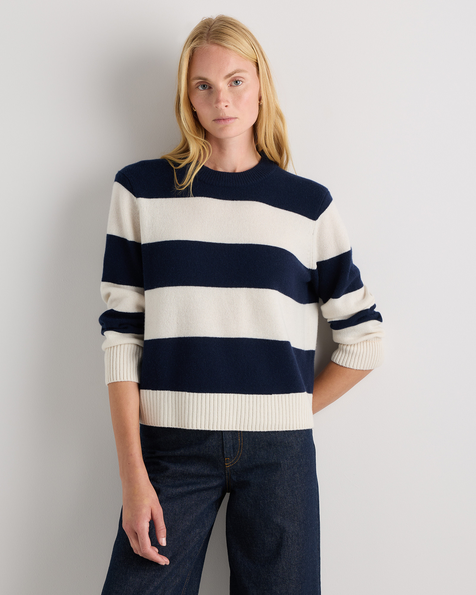 Quince | Women's Mongolian Cashmere Oversized Crewneck Sweater in True Navy/Ivory Rugby Stripe, Size Large | Quince