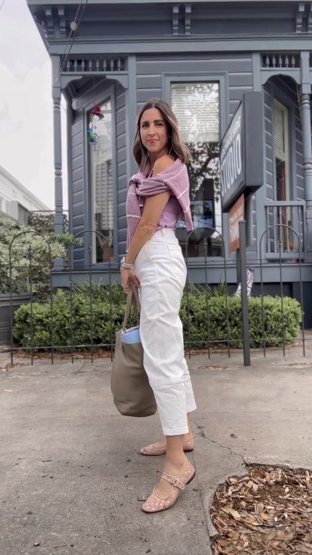 Work from home OOTD. Love these Everlane pants (fit TTS - wearing size 2). And I’m still
Obsessed with these rhinestone mesh flats! Fit TTS. So comfortable. 

Tank and sweater are previous season Cabi  

#LTKVideo #LTKshoecrush #LTKworkwear