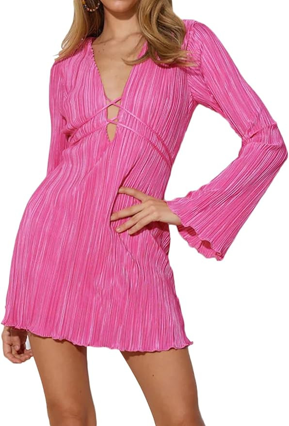 Lancifolium Pleated Long Sleeve Satin Mini Dress New in 2024 Wedding Guest Casual Cocktail Office... | Amazon (US)