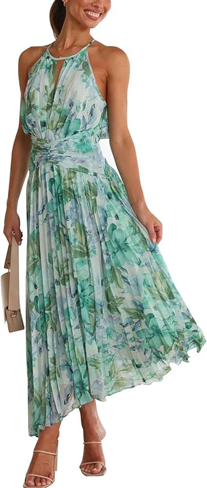 Women's Summer Halter Dress Sleeveless Beach Sundress Backless Cut Out Floral High Waist A Line S... | Amazon (US)