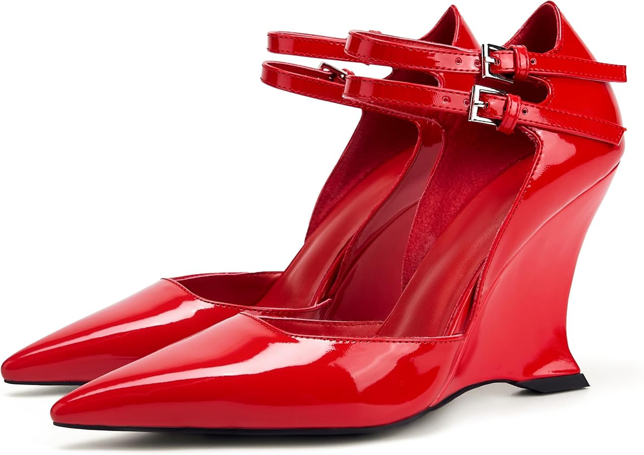 Longwenxuan Patent Leather Ankle Strap Pumps Closed Pointed Toe Wedge High Heels Sandals For Wome... | Amazon (US)