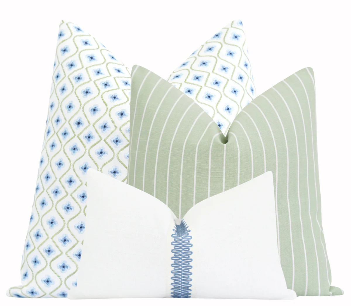 Blue Floral Green Stripe White Linen Pillow Blue Trim Lumbar Set 3pc | Land of Pillows