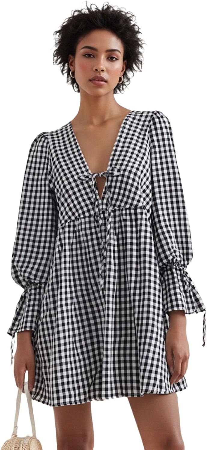 Women's Plaid Babydoll Dress V Neck Puff Sleeve Gingham Cottagecore Vacation Cotton Blend Tie Front Mini Dress | Amazon (US)