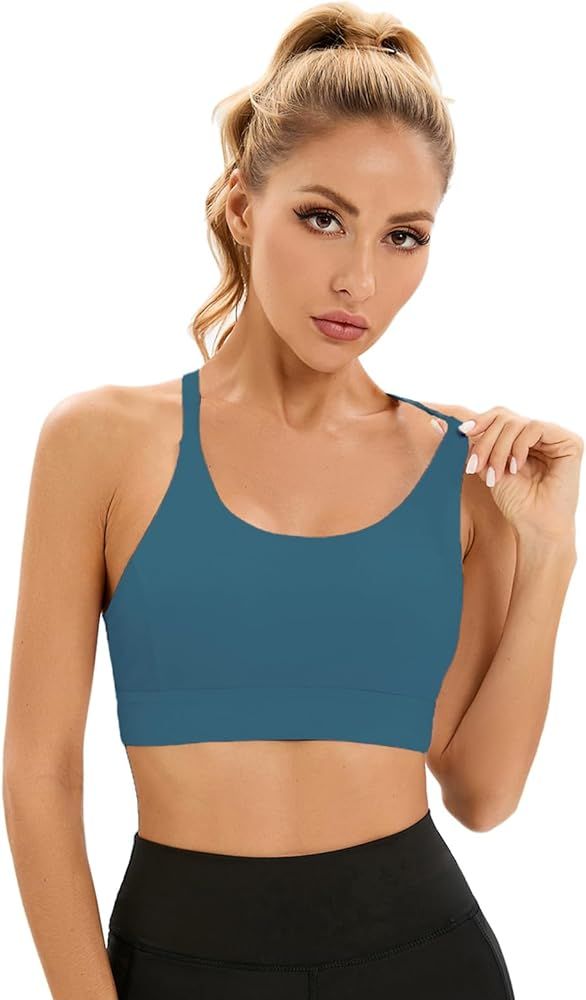 Sports Bra for Women,Y Cross Back Padded Strappy Sports Bras Medium Support Workout Yoga Bra with... | Amazon (US)