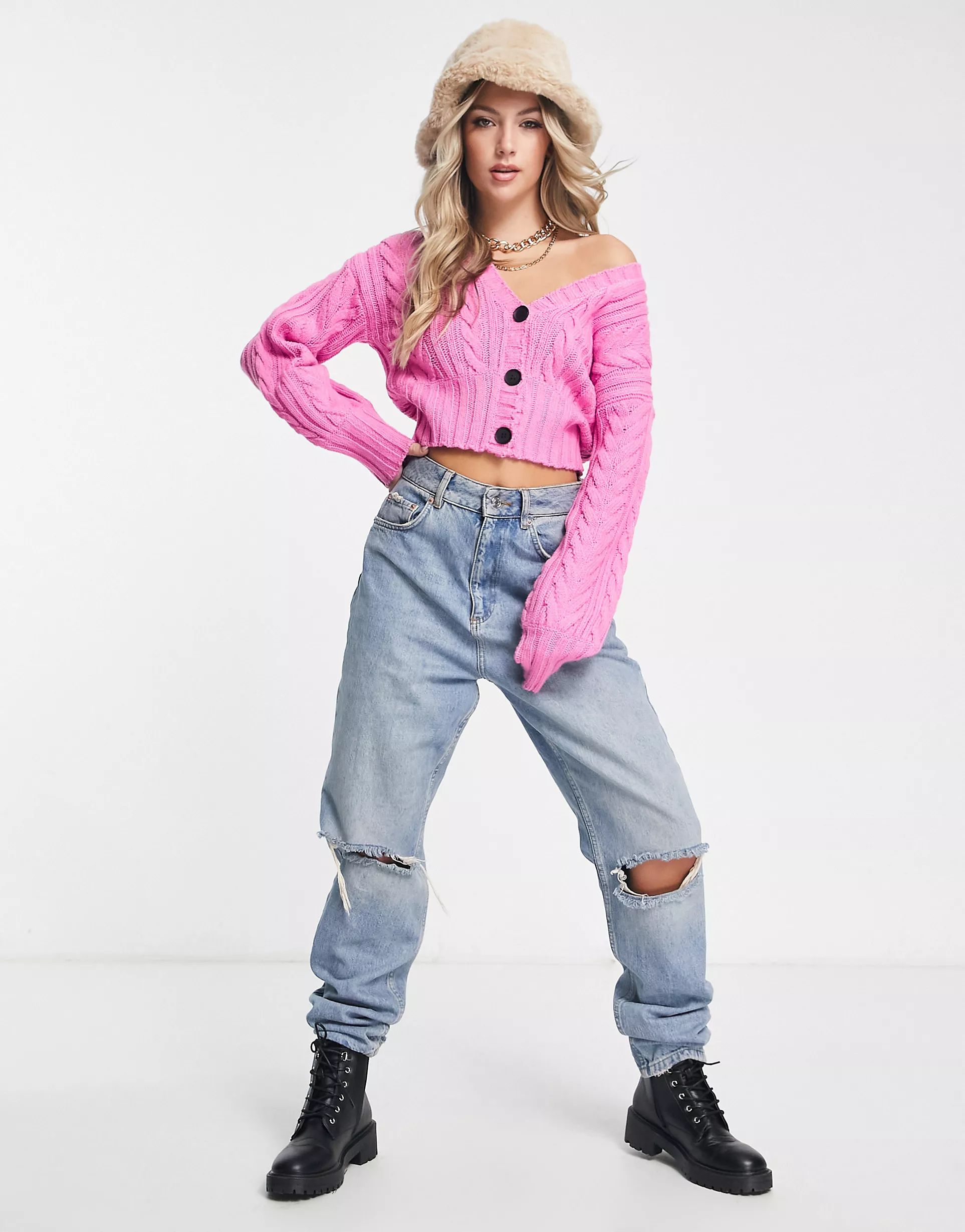 AsYou chunky knit cable cardigan in pink | ASOS (Global)