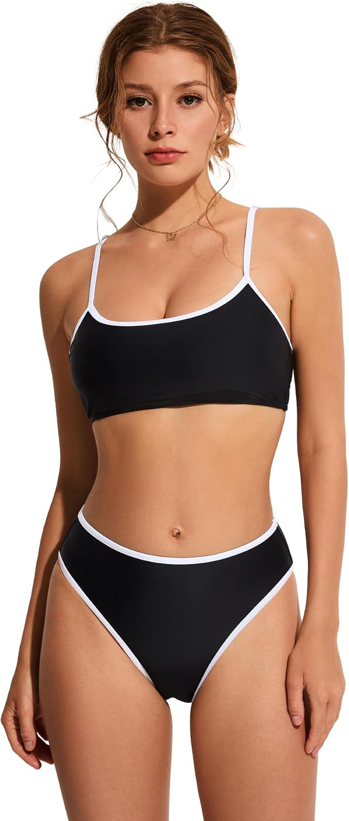 SUUKSESS Women High Waisted 2 Piece Bikini Set Cheeky High Cut Bandeau Swimsuit | Amazon (US)